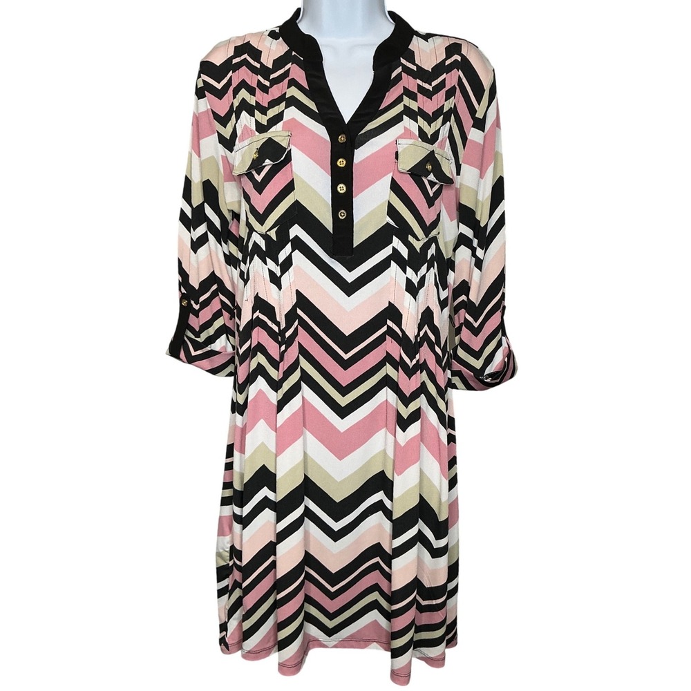 Cocomo Womens Mod Chevron Print‎ Button Front Shirt Dress Size M Stretchy Artsy